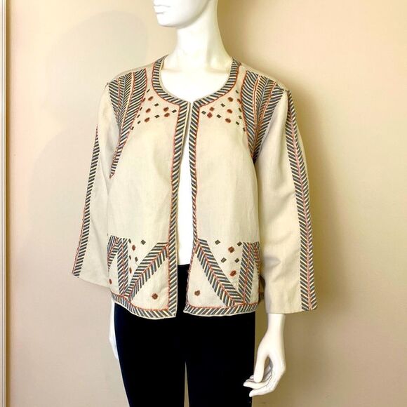 Chico’s Tan Cotton/Linen Jacket with Embroidery and Beading Large 14/16 … - Picture 1 of 9